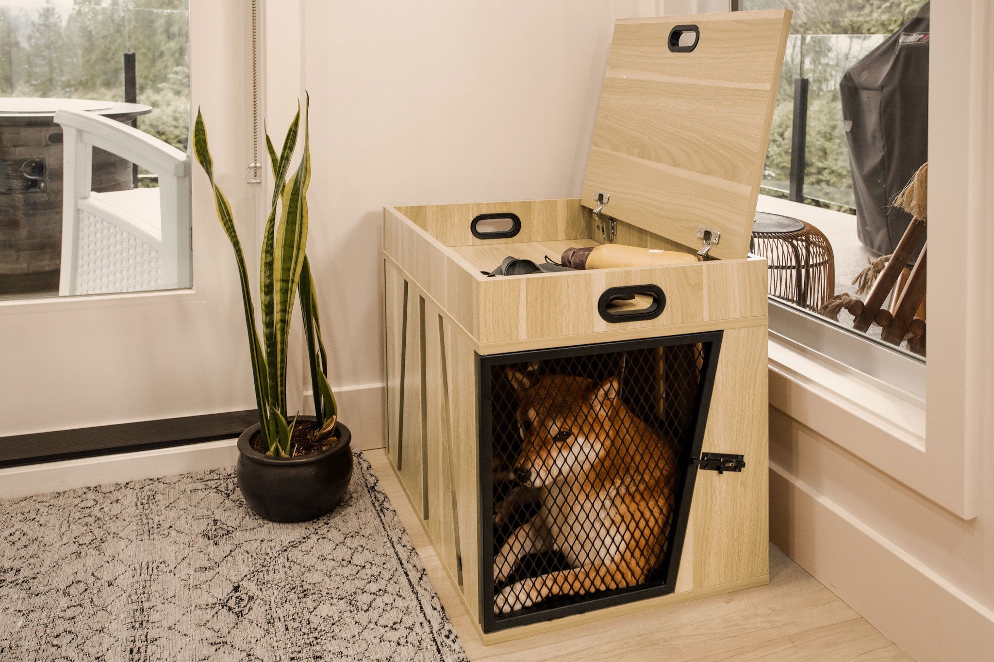 Lucky Kennels Penny Pet Crate Stylish Dog Furniture with Sleek Black Metal gate, enhances Airflow and Visibility.