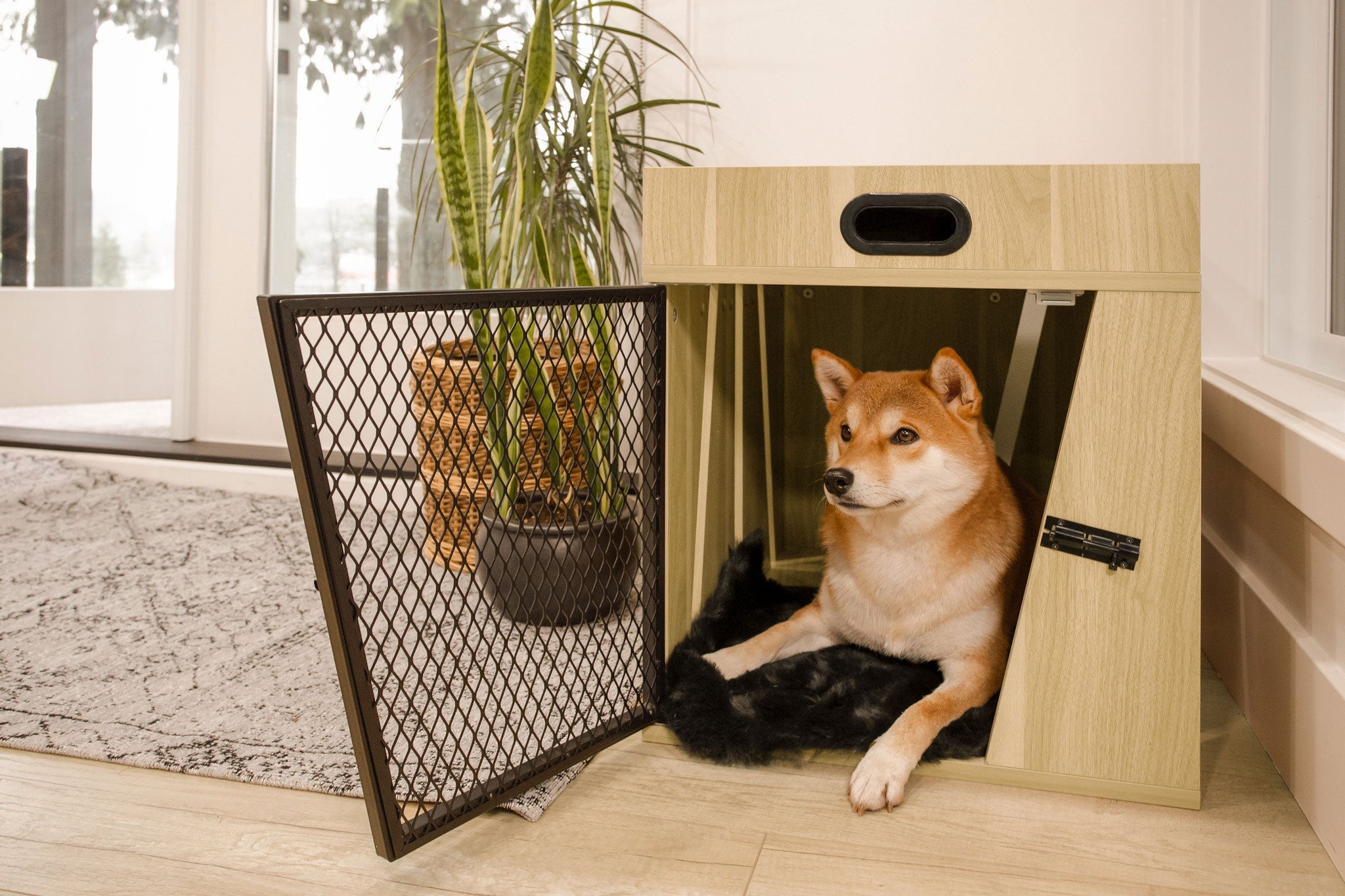 Lucky Kennels Penny Pet Crate Stylish Dog Furniture with Sleek Black Metal gate, enhances Airflow and Visibility.