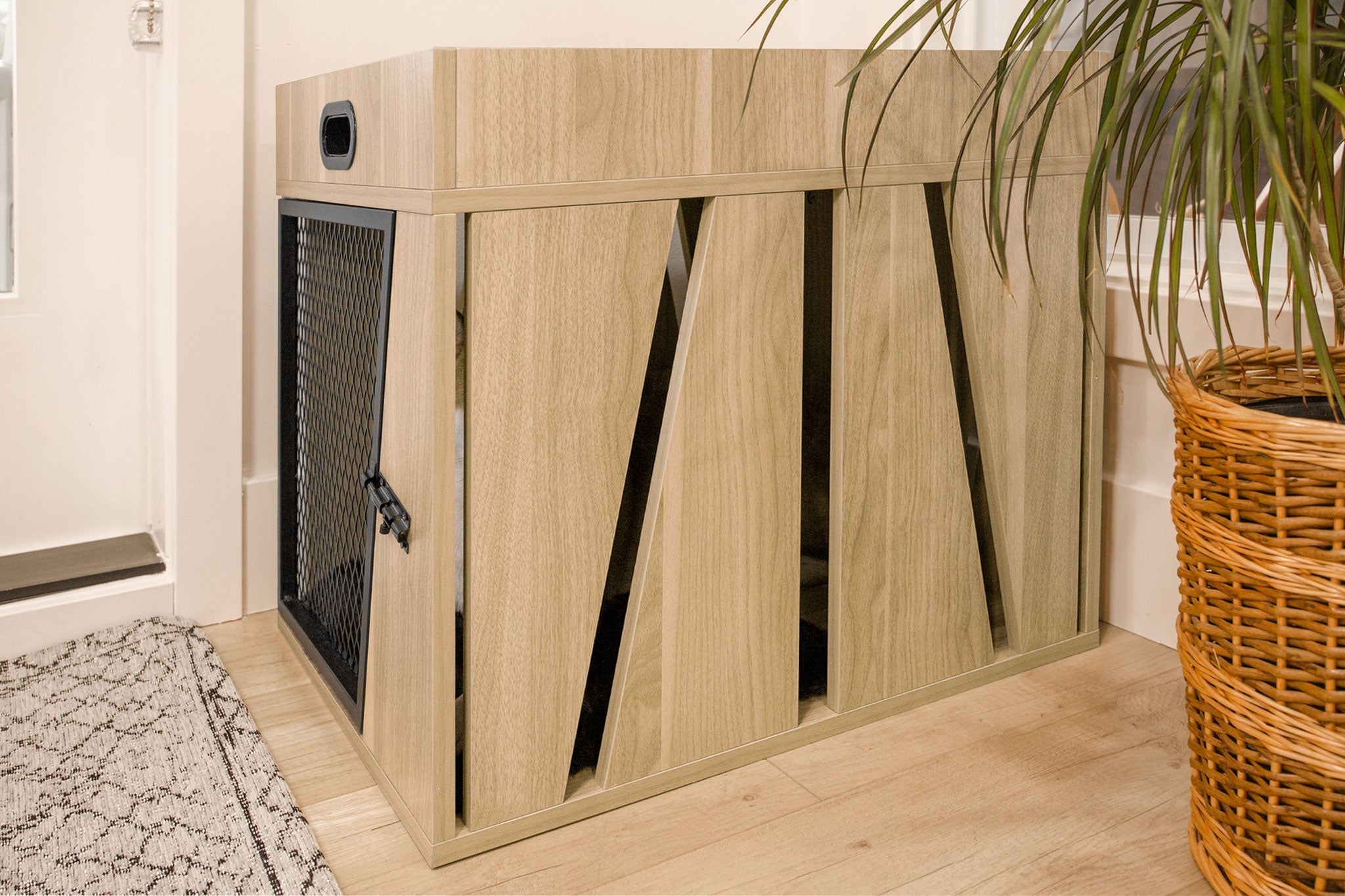 Lucky Kennels Penny Pet Crate Stylish Dog Furniture with Sleek Black Metal gate, enhances Airflow and Visibility.