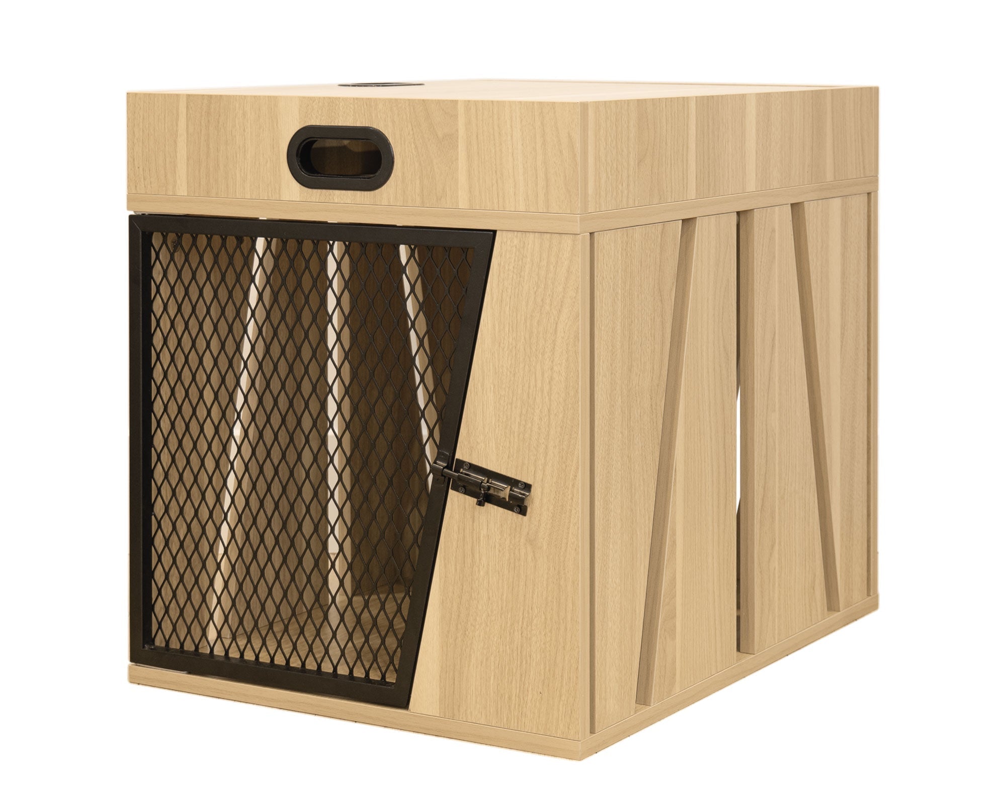 Lucky Kennels Penny Pet Crate Stylish Dog Furniture with Sleek Black Metal gate, enhances Airflow and Visibility.